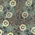 A close-up of a repeating abstract pattern featuring cream circular medallions with star-like centers, teal spiral and circular motifs, and a dark mottled background.