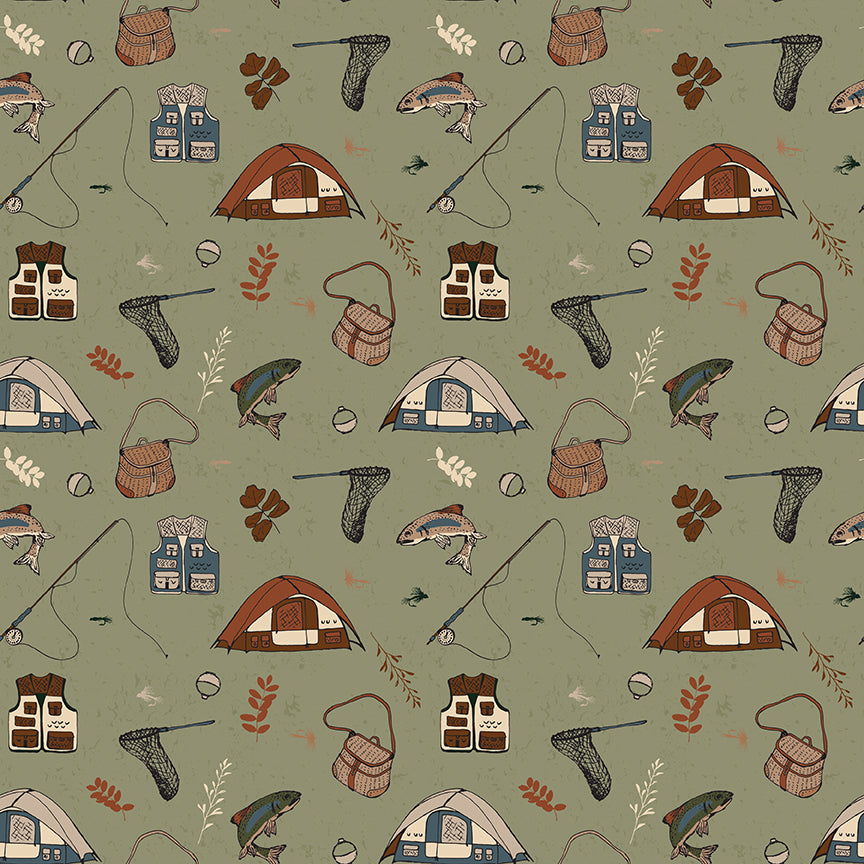 Fabric Riley Blake Sage Gone Fishing Let's Wander Designer Flannel by the Quarter Yard F17504-SAGE