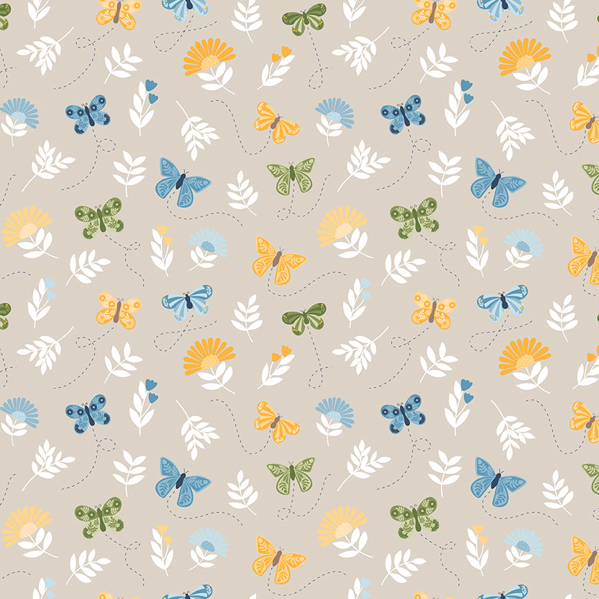 Pattern of butterflies and flowers on a beige background