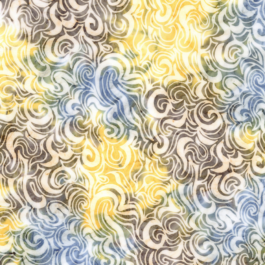 A close-up of a patterned fabric or wallpaper featuring a swirling, cloud-like abstract design in yellow, blue, gray, and off-white.