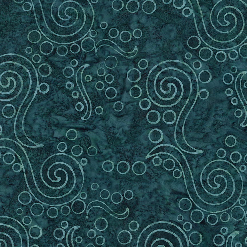 A close-up of a dark teal patterned fabric or wallpaper featuring light teal swirling line art and circular motifs over a mottled textured background.