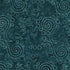 A close-up of a dark teal patterned fabric or wallpaper featuring light teal swirling line art and circular motifs over a mottled textured background.