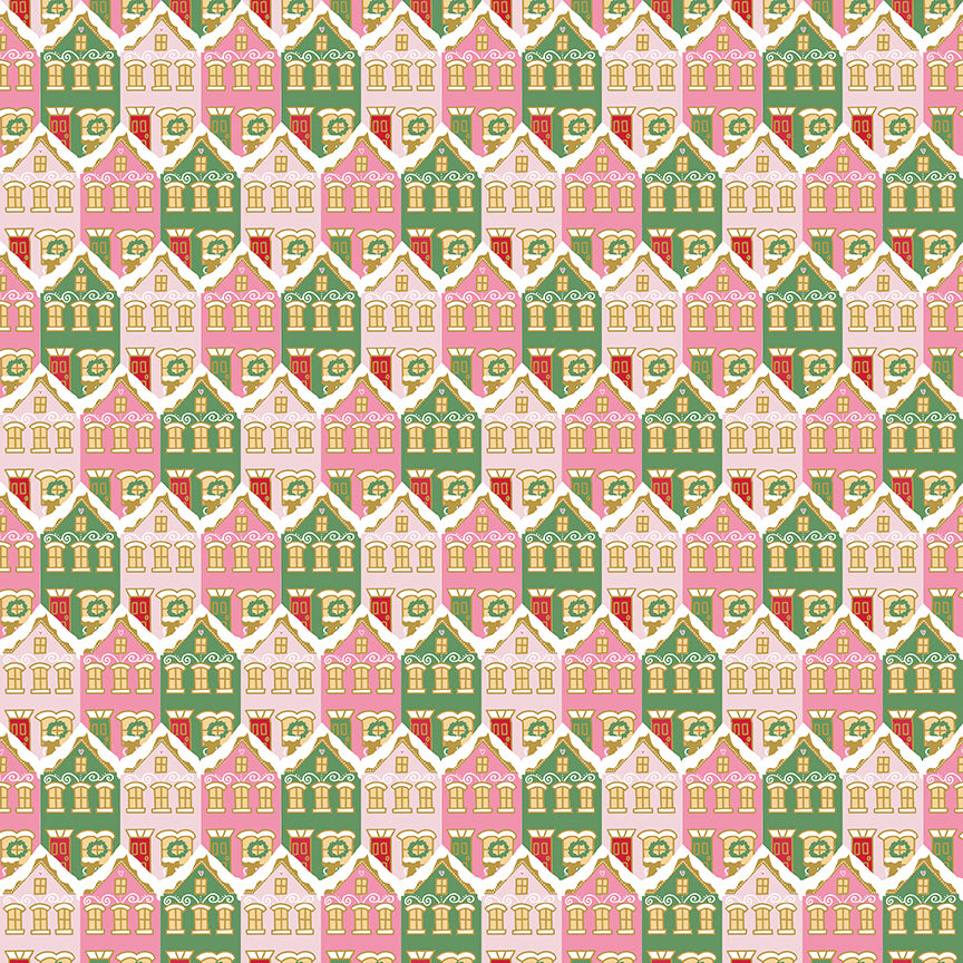 Fabric Riley Blake Sparkle Pink Christmas Houses Claus & Co. by the Quarter Yard SC17742-PINK