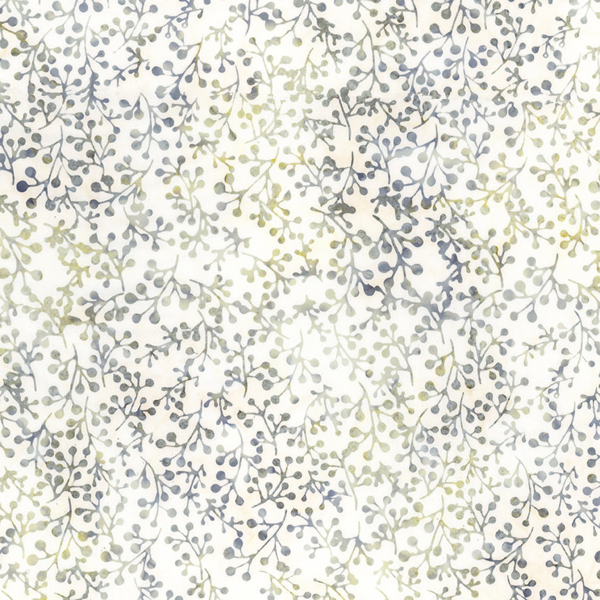 A close-up of a watercolor botanical pattern featuring delicate leafy branches in muted blue-gray and olive green on a warm off-white background.
