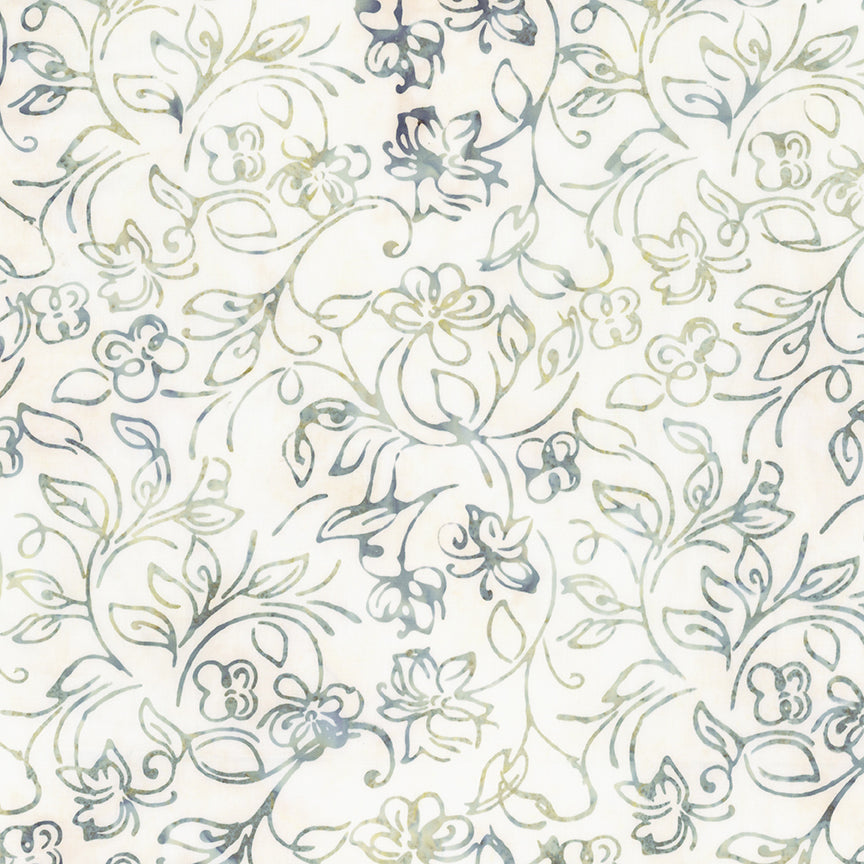 A close-up of a repeating floral pattern with delicate vines and blossoms in muted blue-gray and olive-green tones on an off-white background.