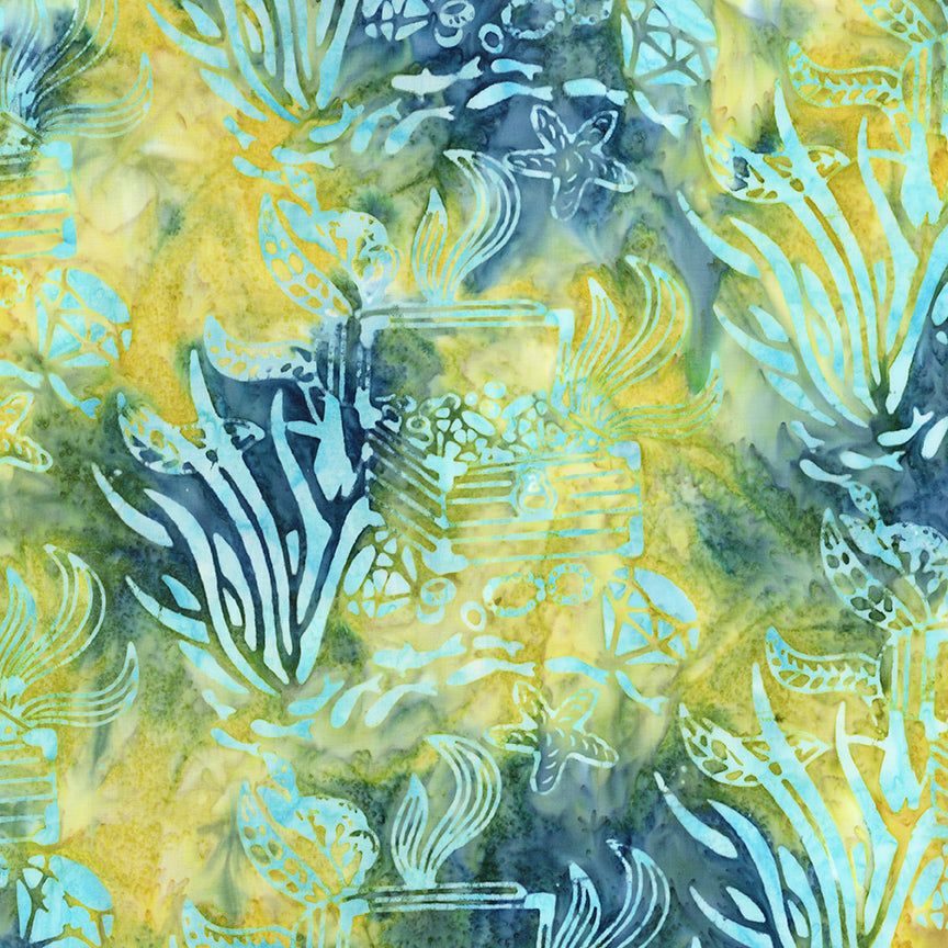 A close-up of a repeating abstract pattern featuring stylized sea creatures, starfish, and organic shapes in aqua, teal, yellow, and dark blue-green tones.
