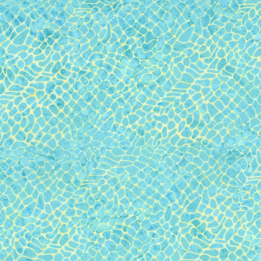 A close-up of a light blue and turquoise textured surface with a repeating organic mesh or cracked-glass pattern in pale yellow-green lines.