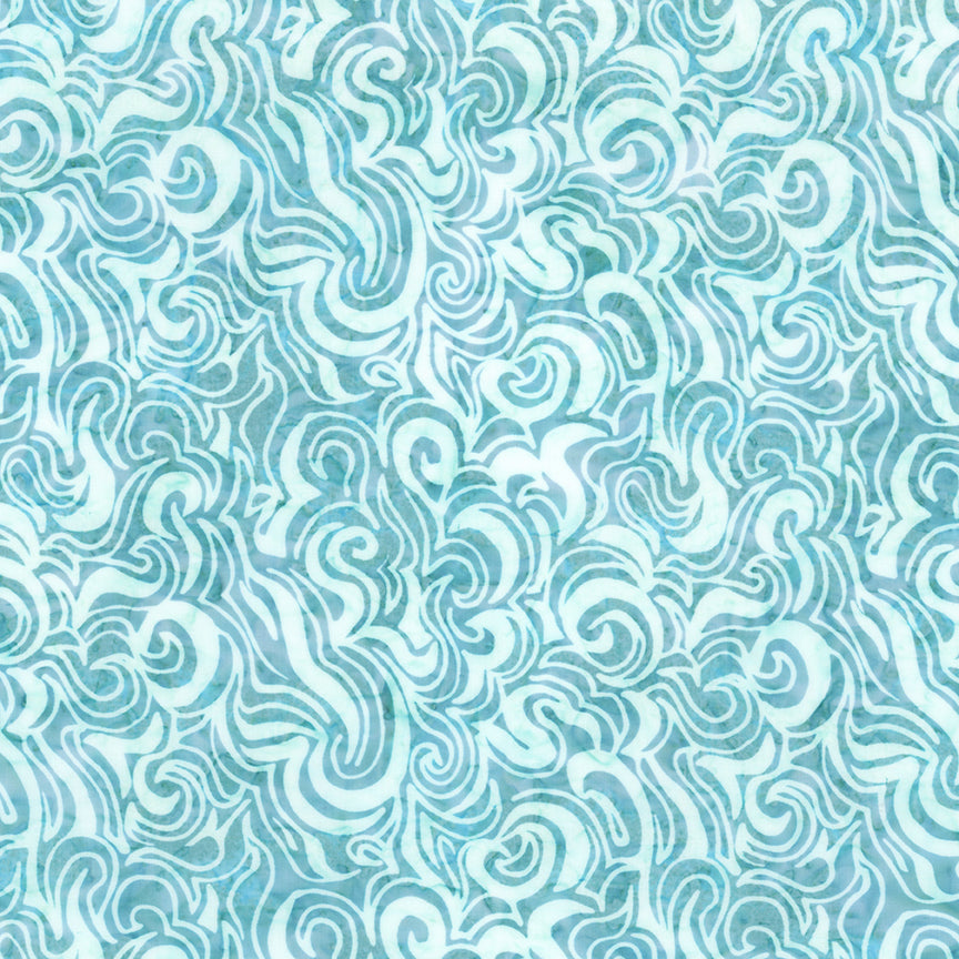 A repeating abstract pattern of swirling wave-like lines in light aqua blue and white, filling the entire frame.