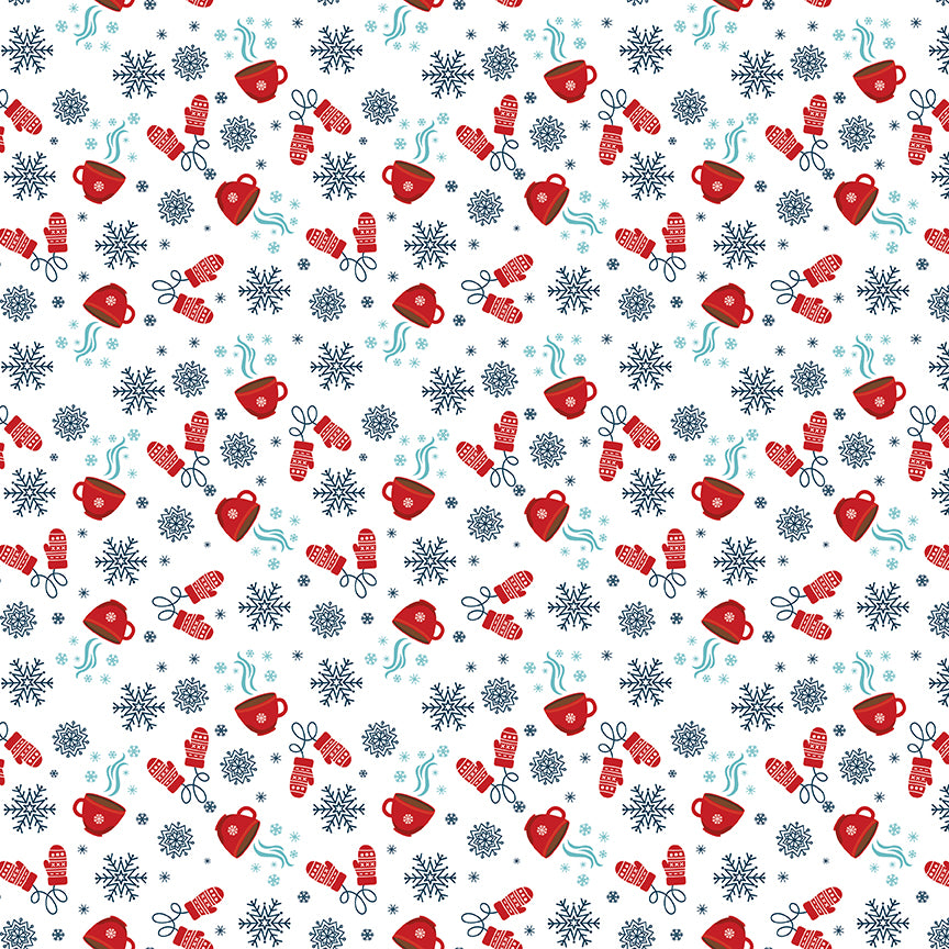 Pattern of red mugs, mittens, and snowflakes on a white background