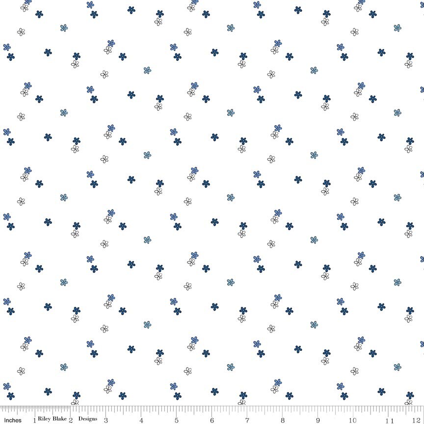 Fabric Riley Blake White Ditsy Blue Blooms and Threads by the Quarter Yard C17124-WHITE