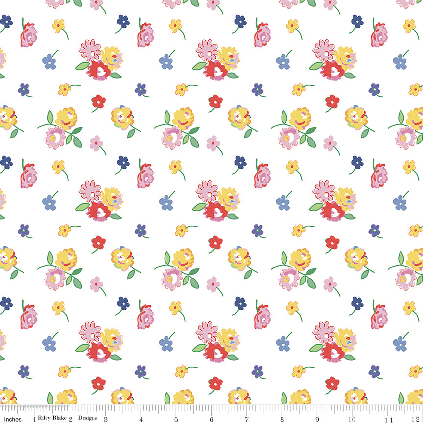 Colorful floral pattern on a white background with a fabric yardage measurement at the bottom.