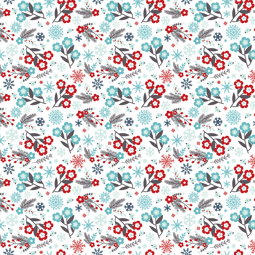 Pattern of red, blue, and gray flowers and snowflakes on a white background