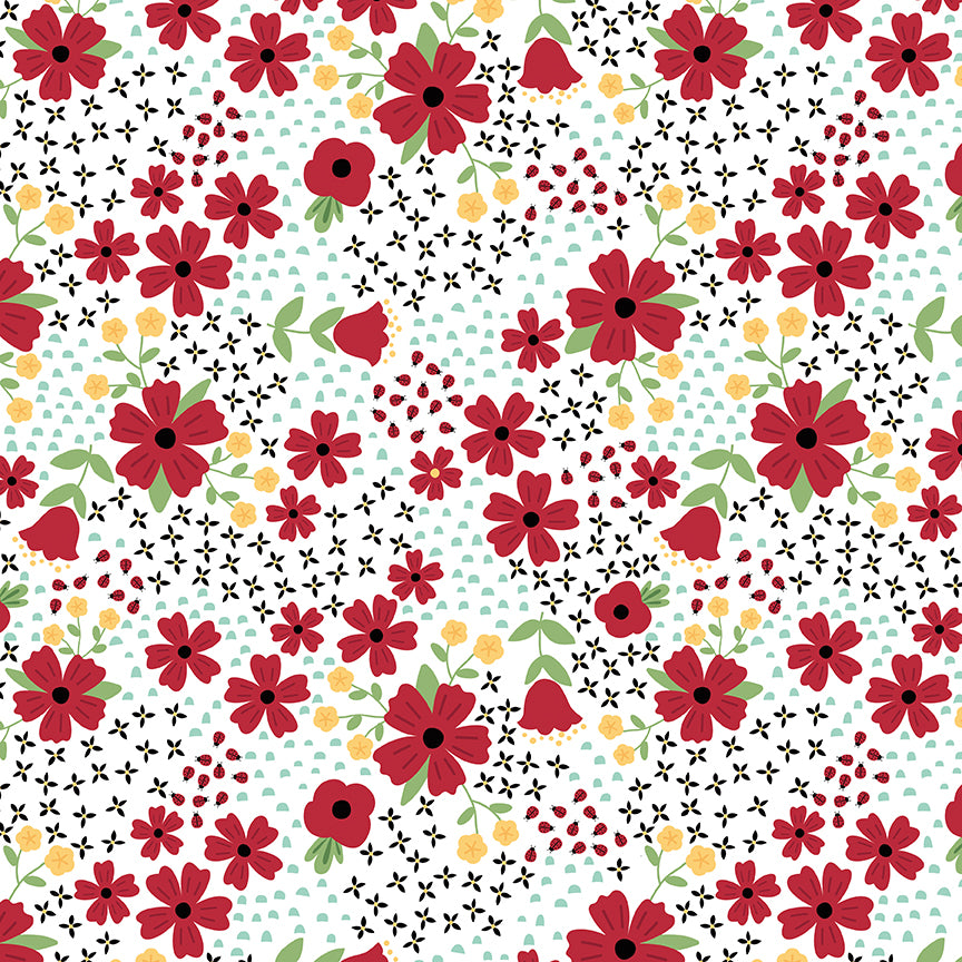 Pattern of red flowers with green leaves on a white background