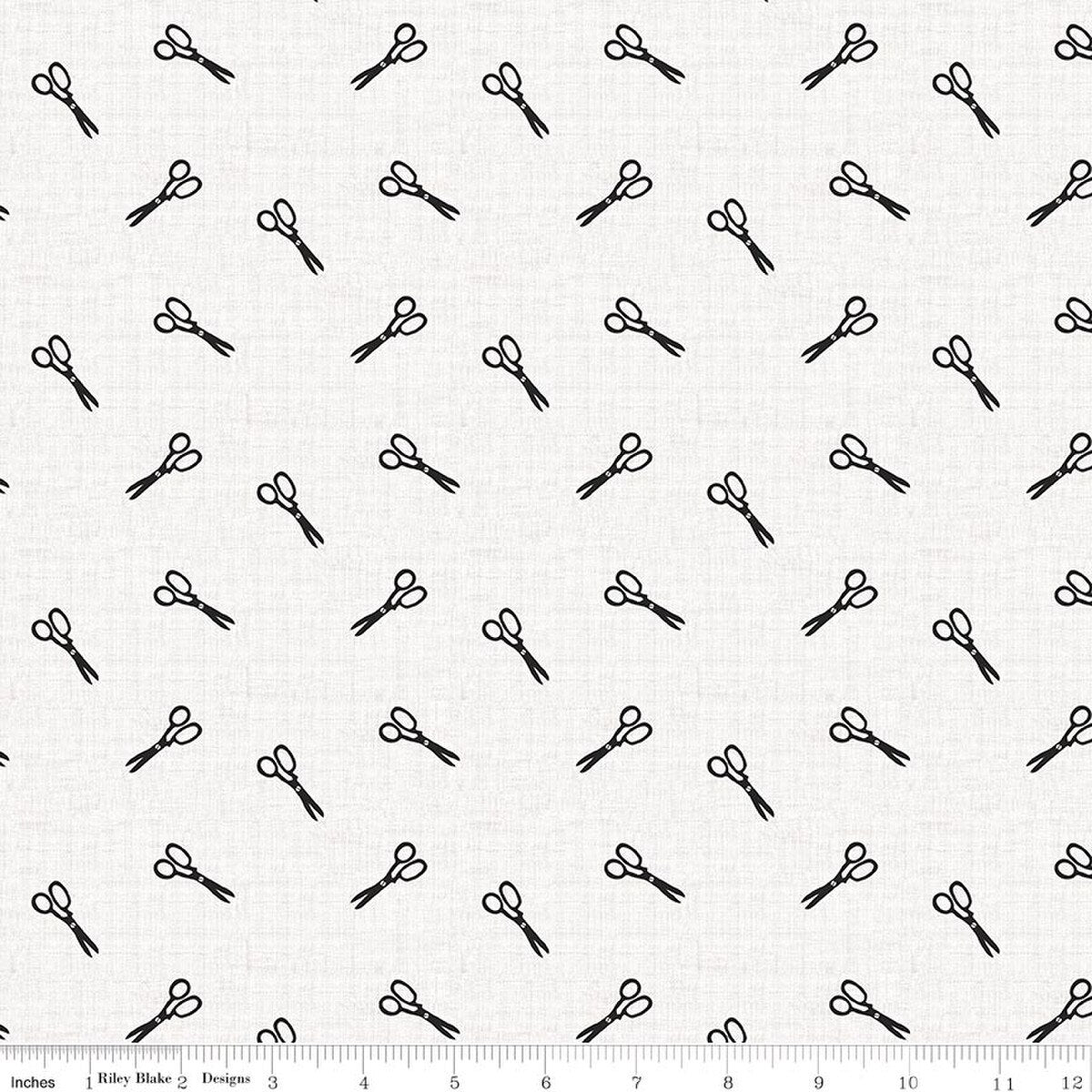 Fabric Riley Blake White Scissors Blue Blooms and Threads by the Quarter Yard C17125-WHITE