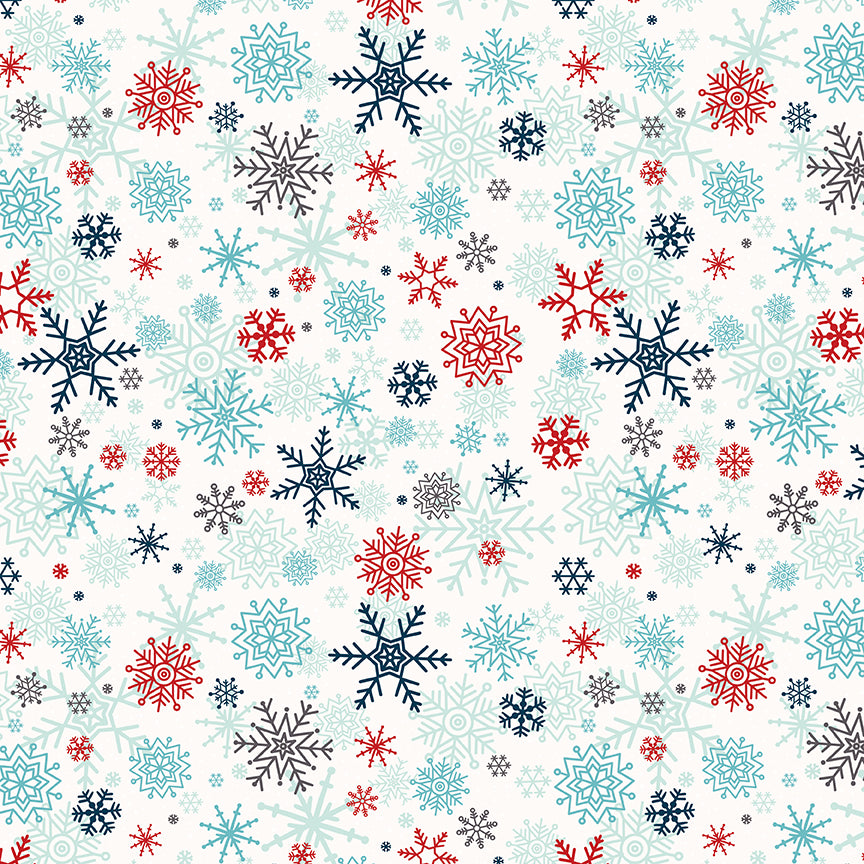 Pattern of colorful snowflakes on a light blue background