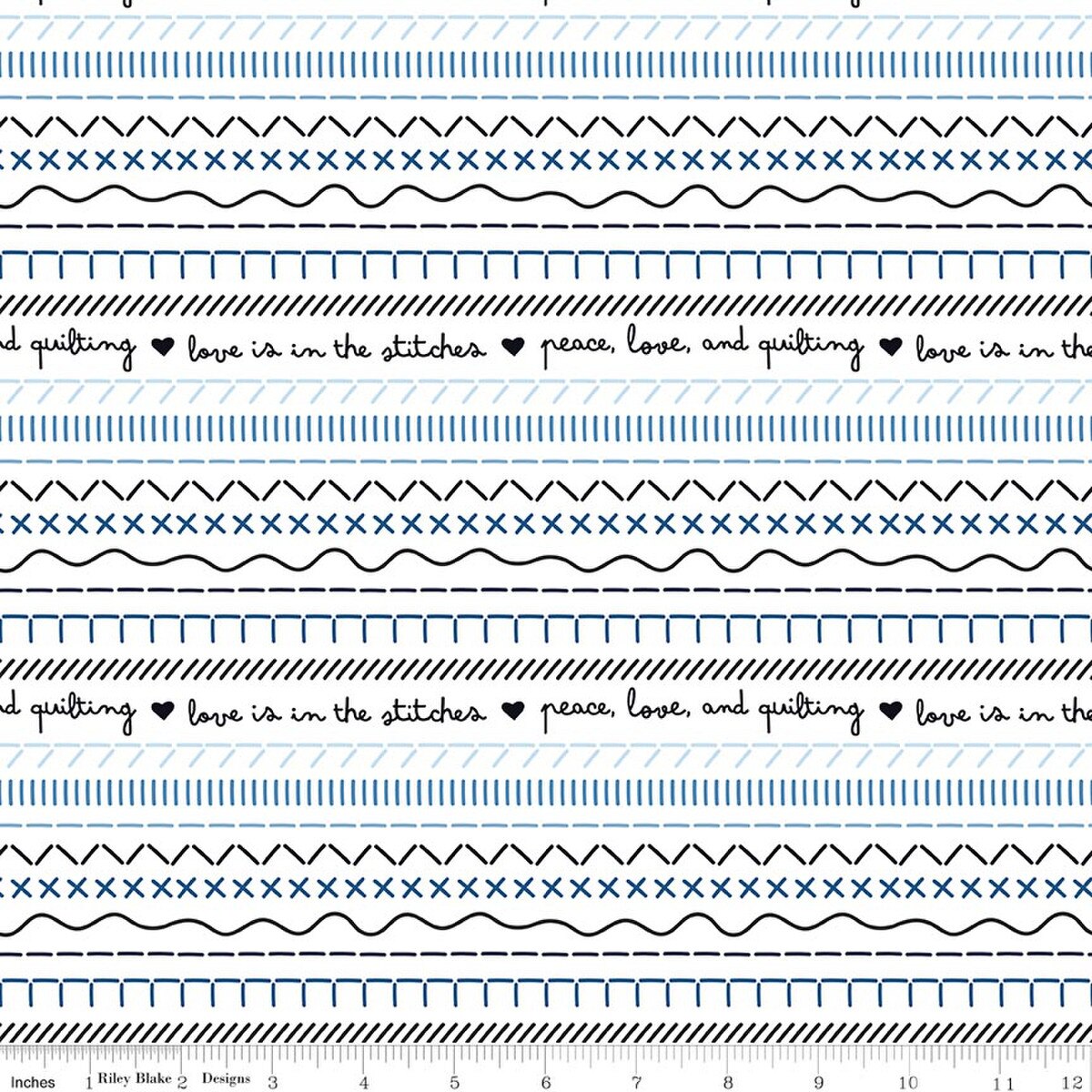 Fabric Riley Blake White Stitches Blue Blooms and Threads by the Quarter Yard C17121-WHITE