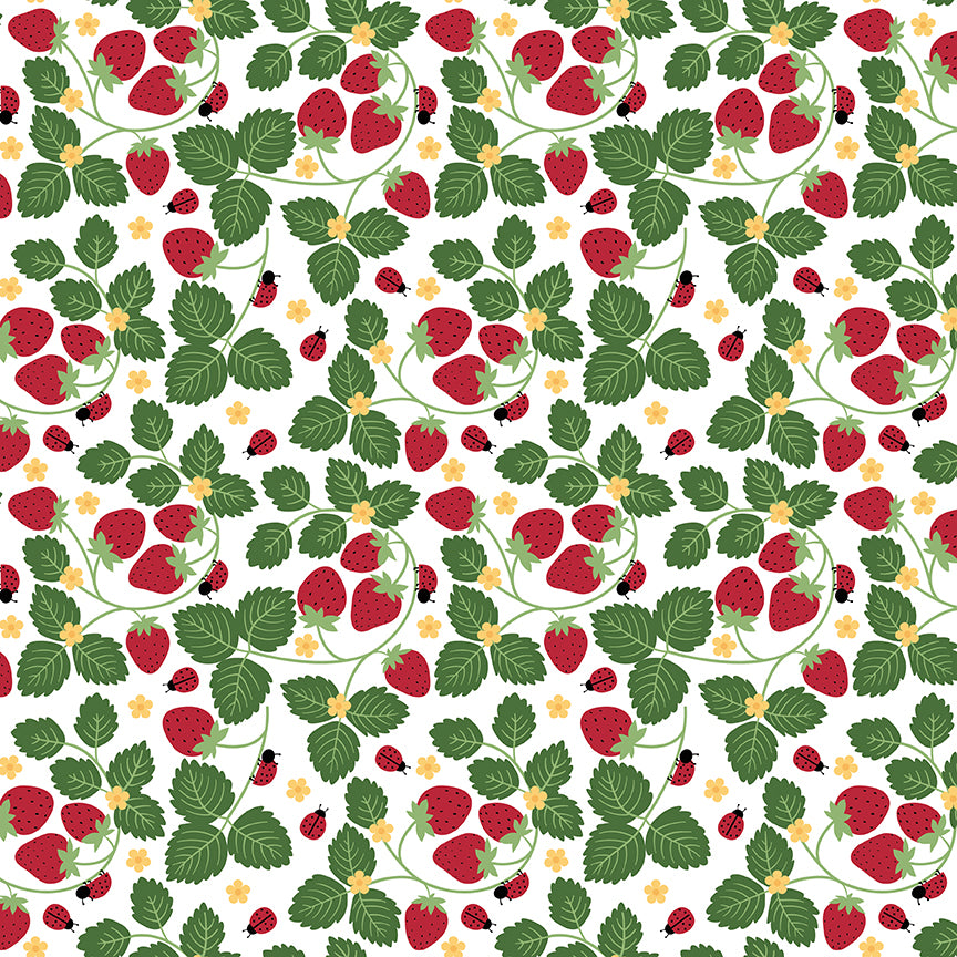 Pattern of red strawberries, green leaves, and yellow flowers on a white background