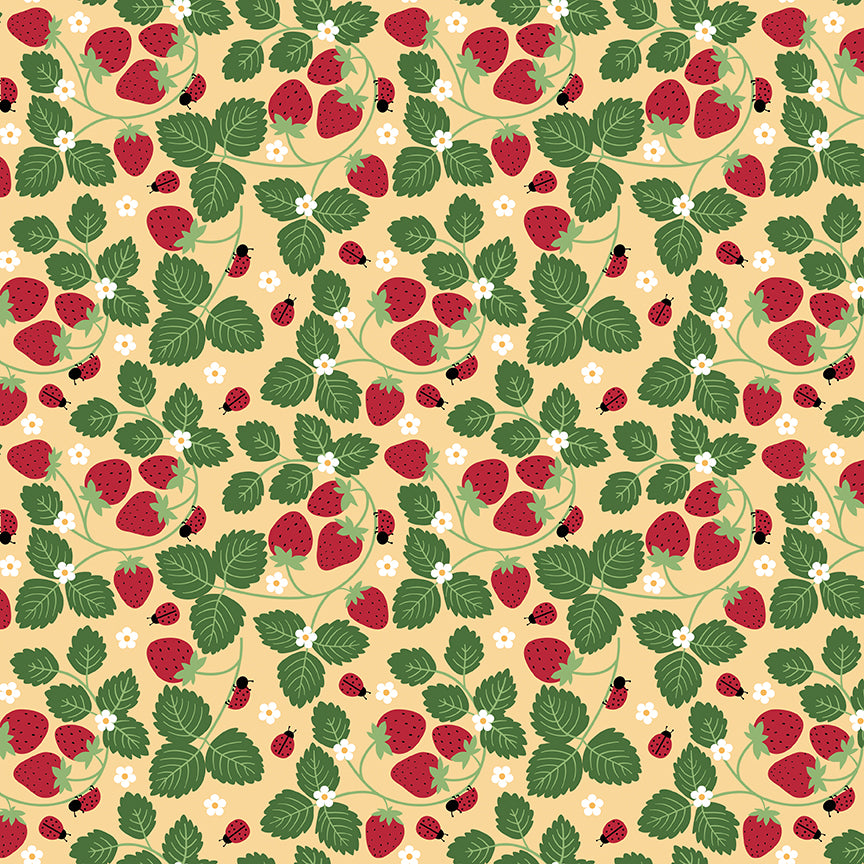 Pattern of strawberries, leaves, and flowers on a beige background