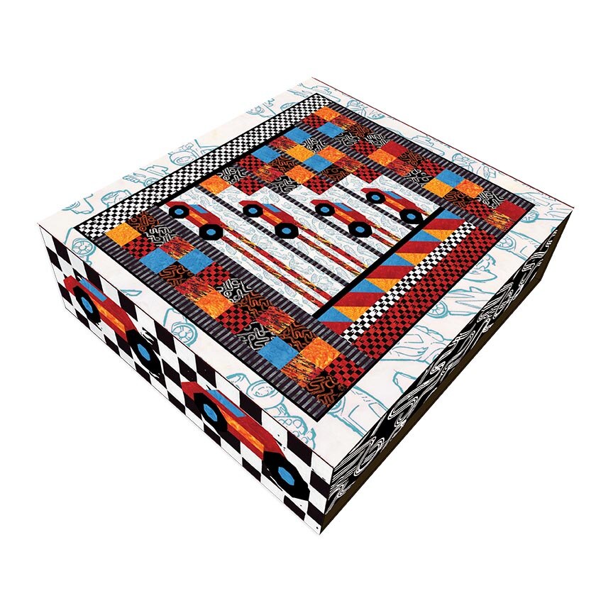 A square decorative box with a bold geometric and racing-inspired pattern featuring red cars, checkered black-and-white borders, blue stripes, and orange accents on a white background.