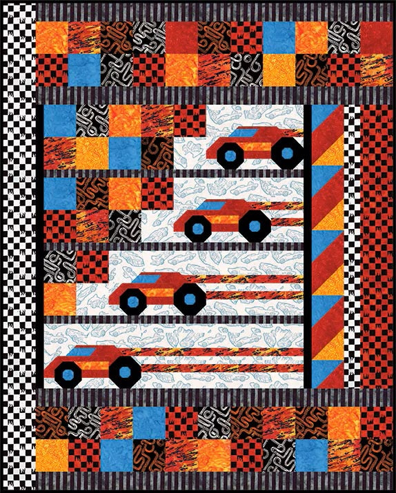 A colorful patchwork quilt design featuring four stylized red race cars with black wheels and blue centers, set against white patterned racing stripes, bordered by checkered and patterned blocks in orange, blue, black, and red.