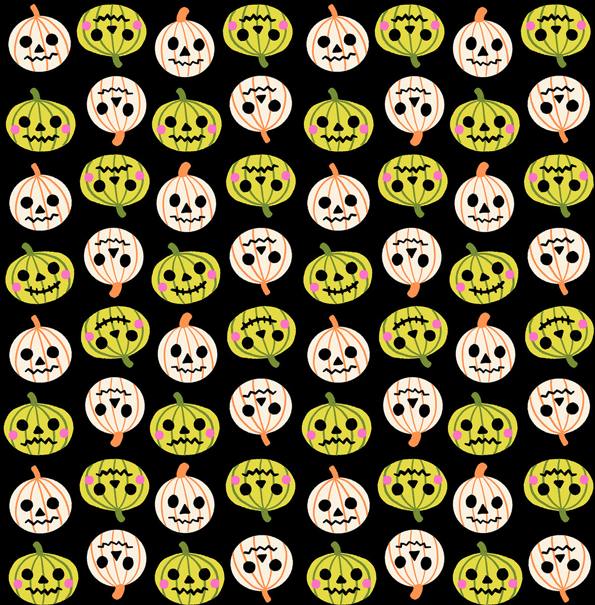Pattern of colorful pumpkins with various designs on a black background
