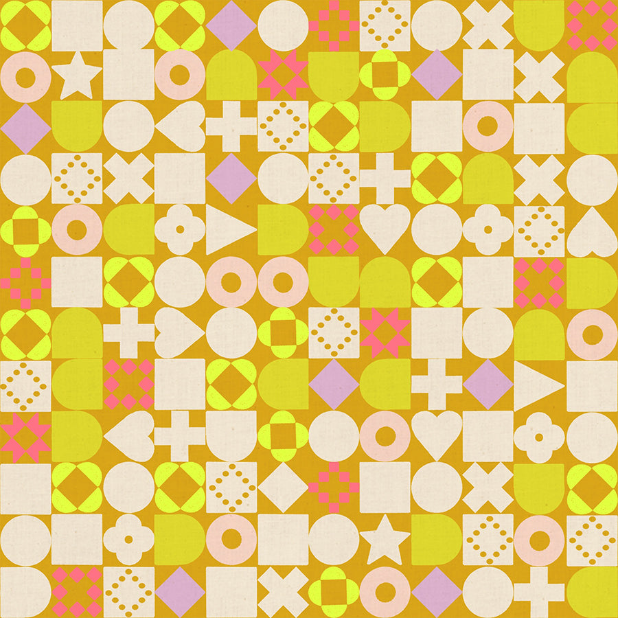 Colorful geometric pattern with shapes on a yellow background