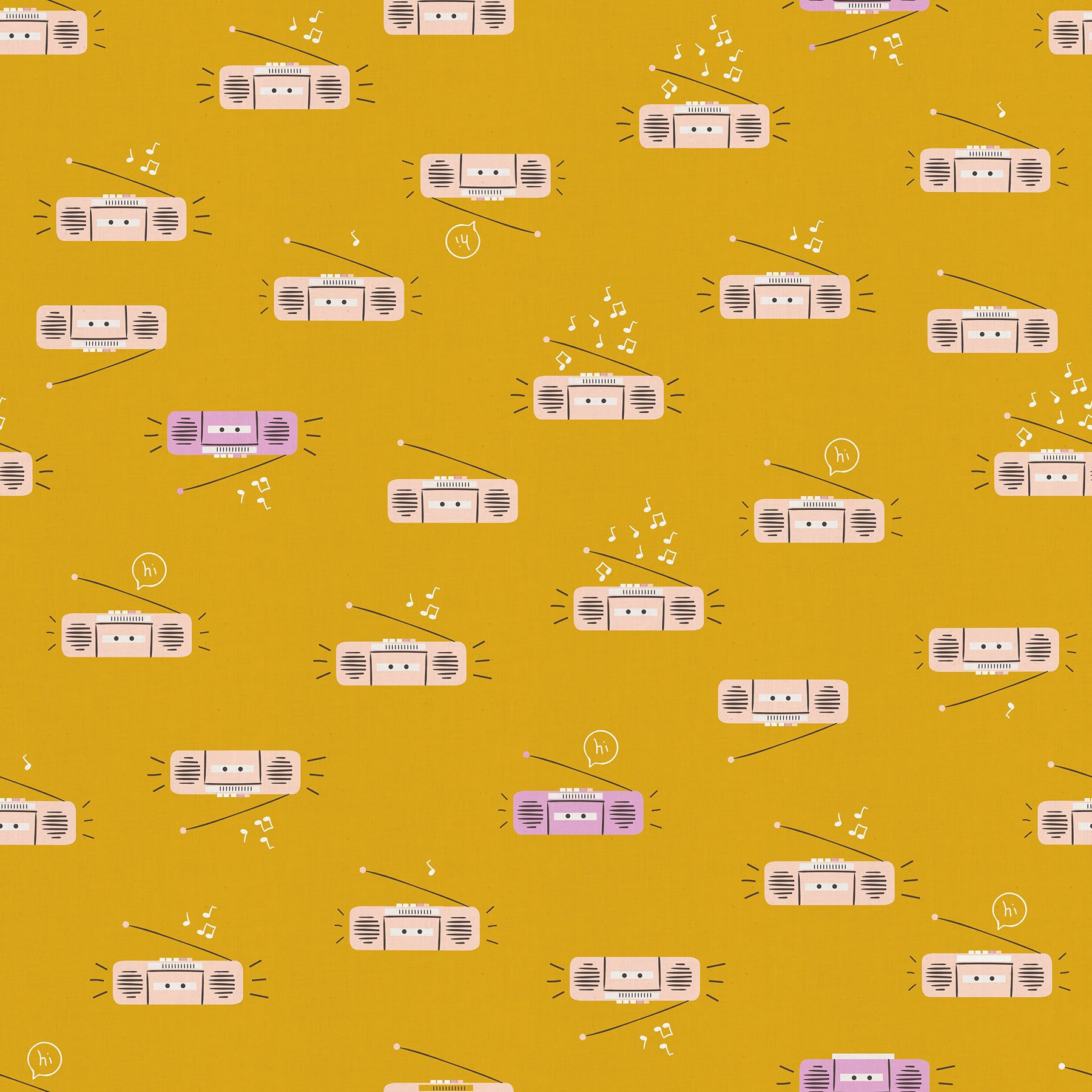 Pattern of vintage radios and music notes on a yellow background