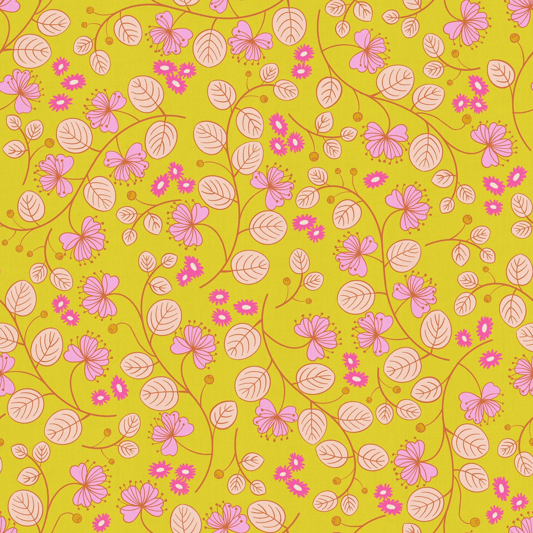 Floral pattern with pink flowers and leaves on a yellow background