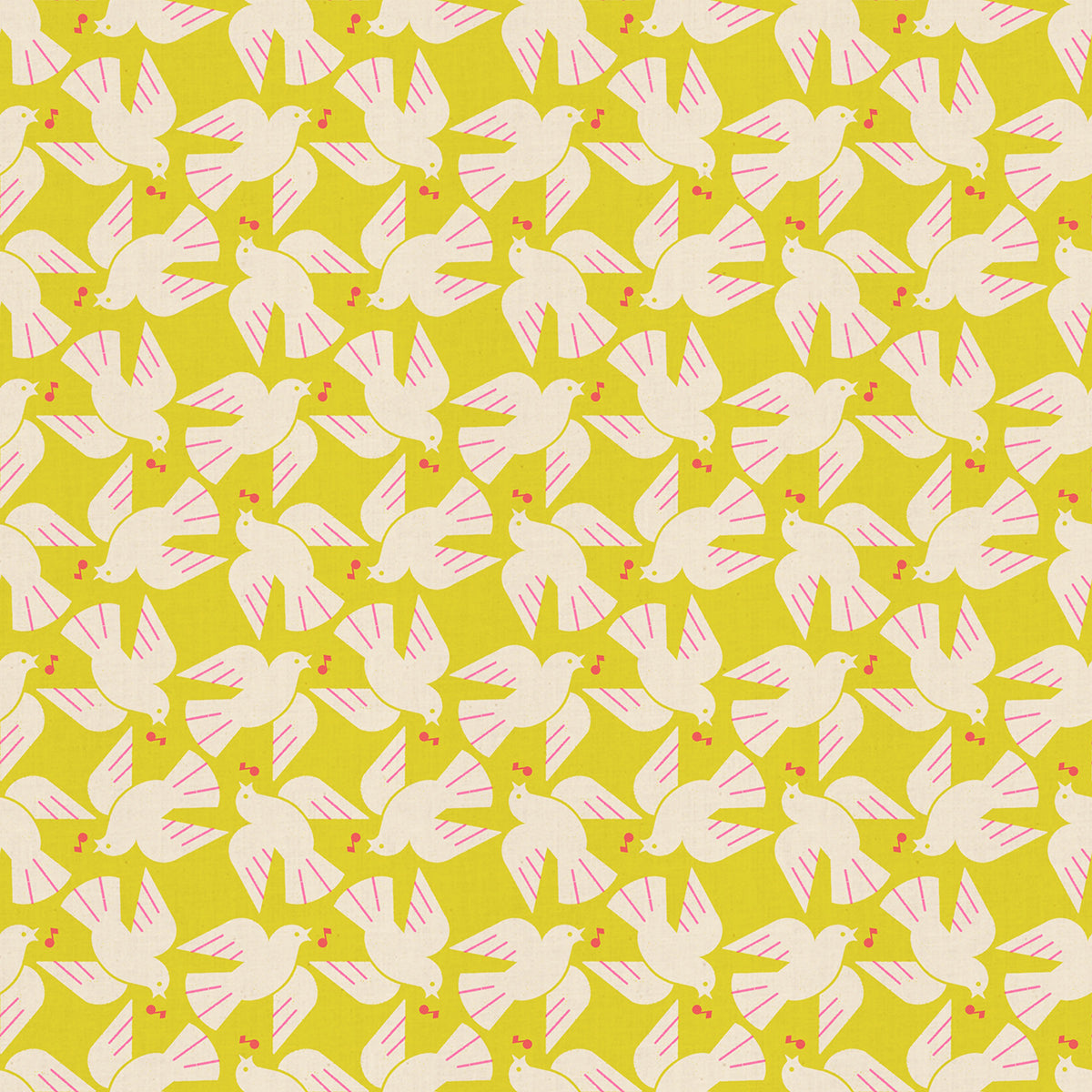 Pattern of white doves with pink music notes on a yellow background