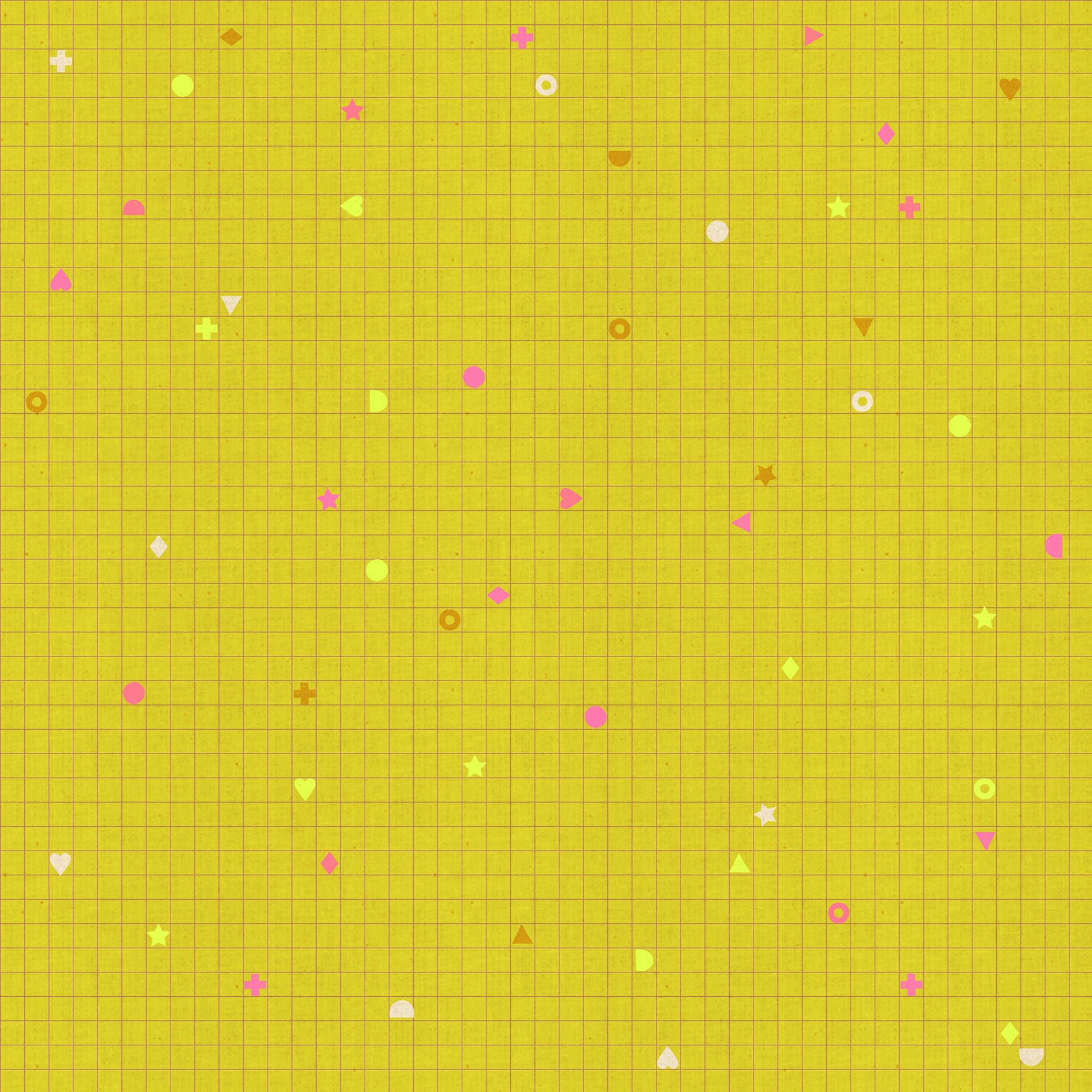 Yellow grid pattern with small colorful shapes on a yellow background