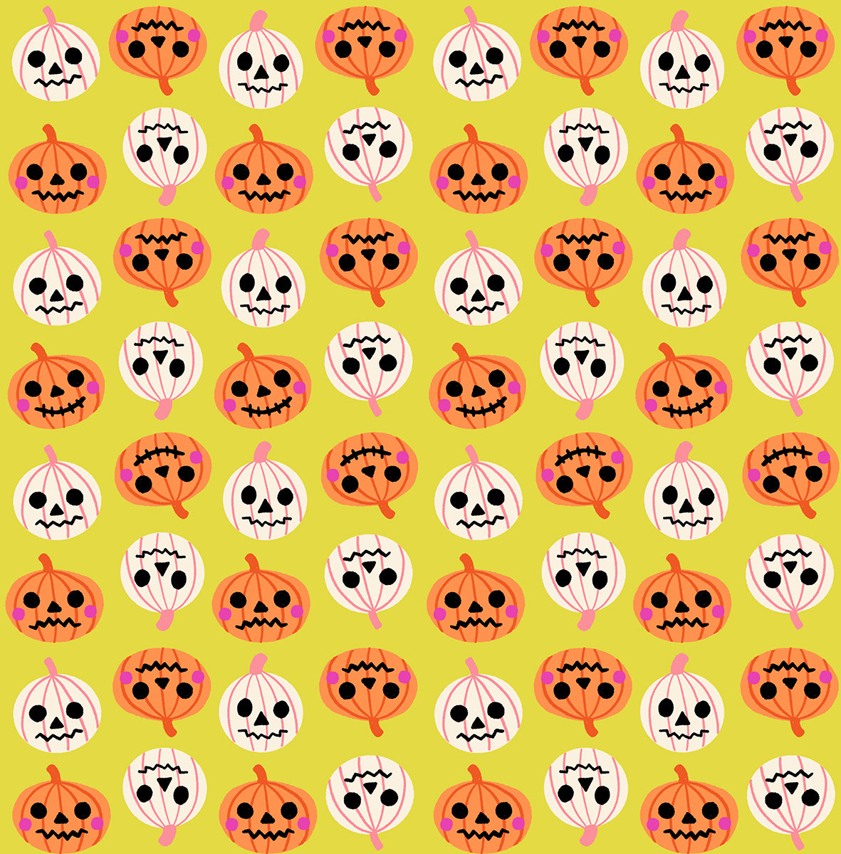 Pattern of Halloween-themed pumpkins and ghosts on a yellow background