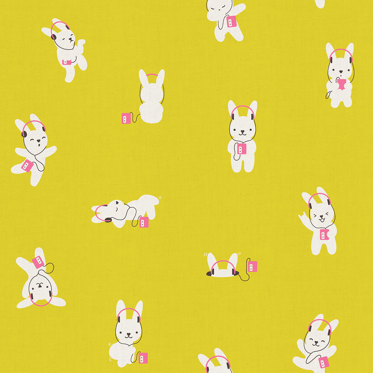 Pattern of cartoon dogs with headphones on a yellow background