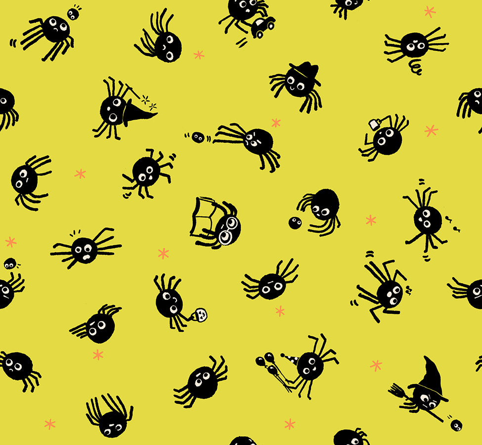 Pattern of black spiders on a yellow background