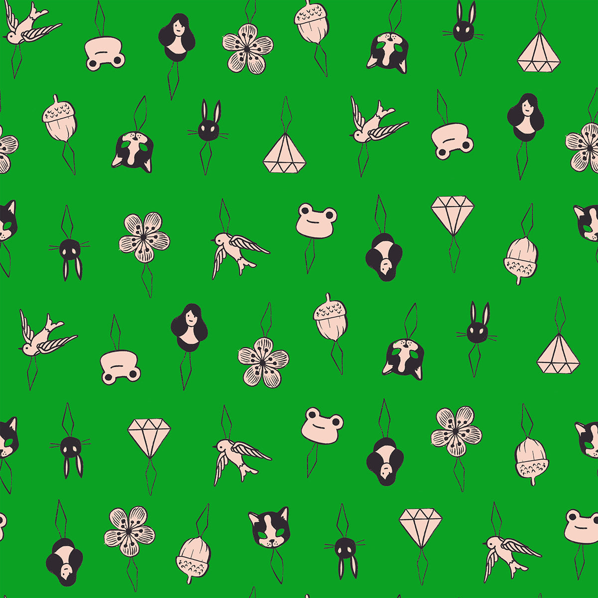 Pattern of various small illustrations on a green background