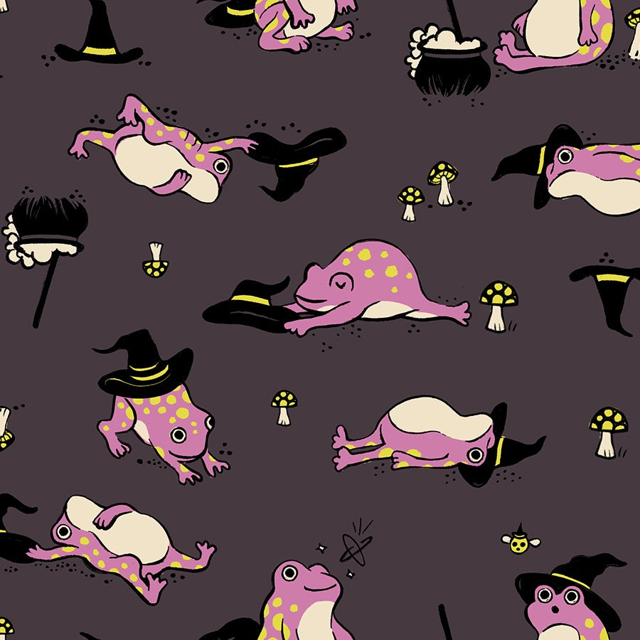 Pattern of cartoon frogs in witch costumes on a dark background