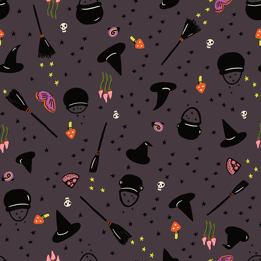 Halloween-themed pattern with witch hats, brooms, and candy on a dark background