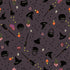 Halloween-themed pattern with witch hats, brooms, and candy on a dark background