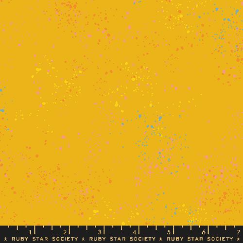 Yellow fabric with colorful speckles and Ruby Star Society label
