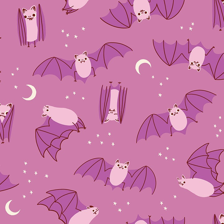 Pattern of cartoon bats and stars on a purple background