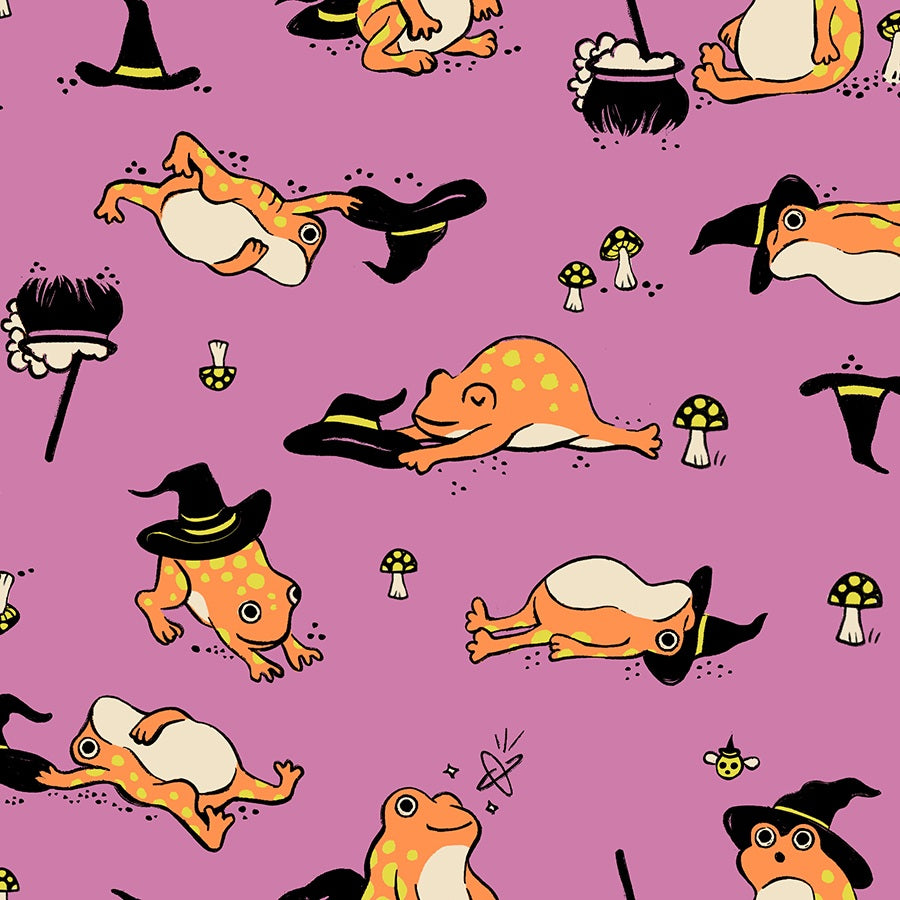 Pattern of cartoon frogs in witch costumes on a purple background