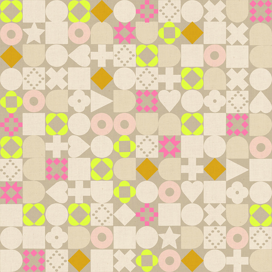 Patterned background with geometric shapes in various colors on a beige background