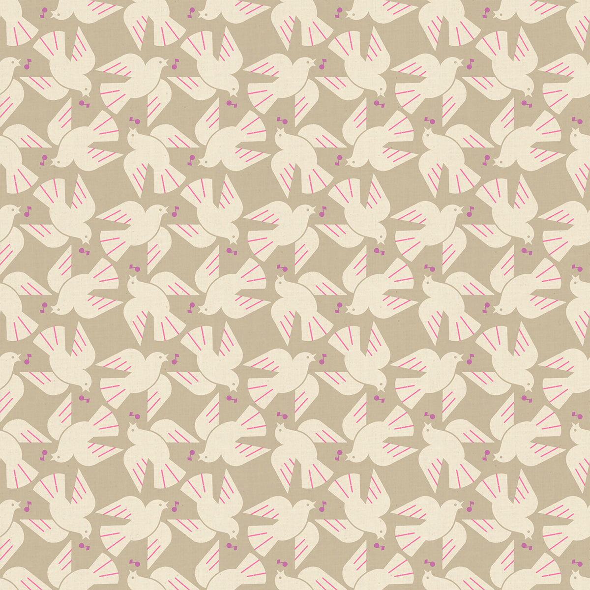 Pattern of white doves with pink wings on a beige background
