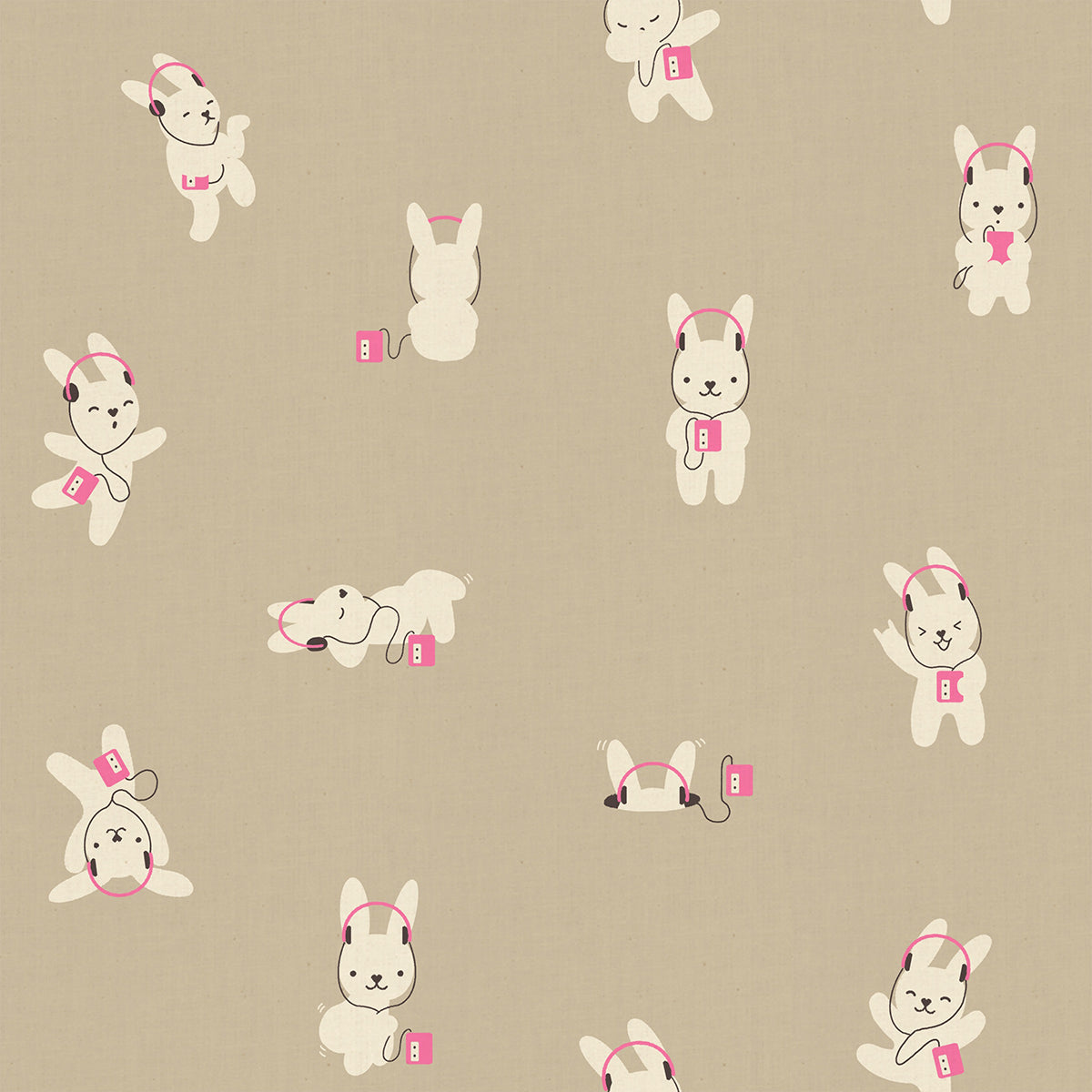 Pattern of cartoon rabbits with headphones on a beige background
