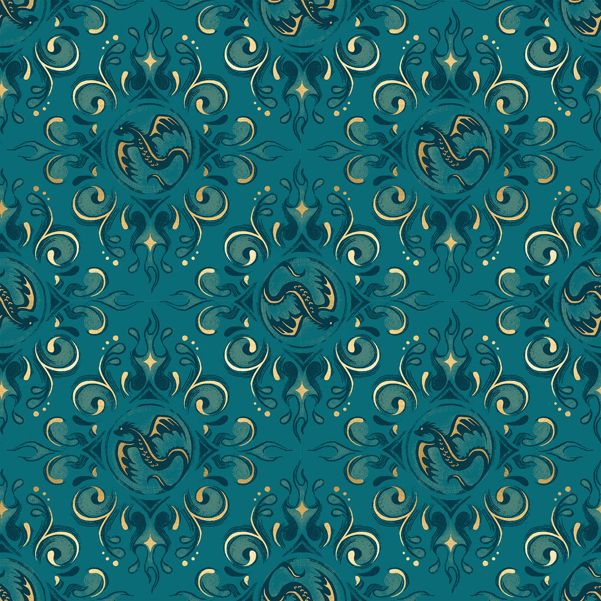Fabric Ruby Star Society Metallic Galaxy Dragon Emblem Fireglow by the Quarter Yard RS2136-14M