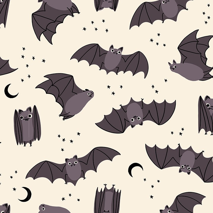 Pattern of cartoon bats on a beige background with stars and crescent moons.