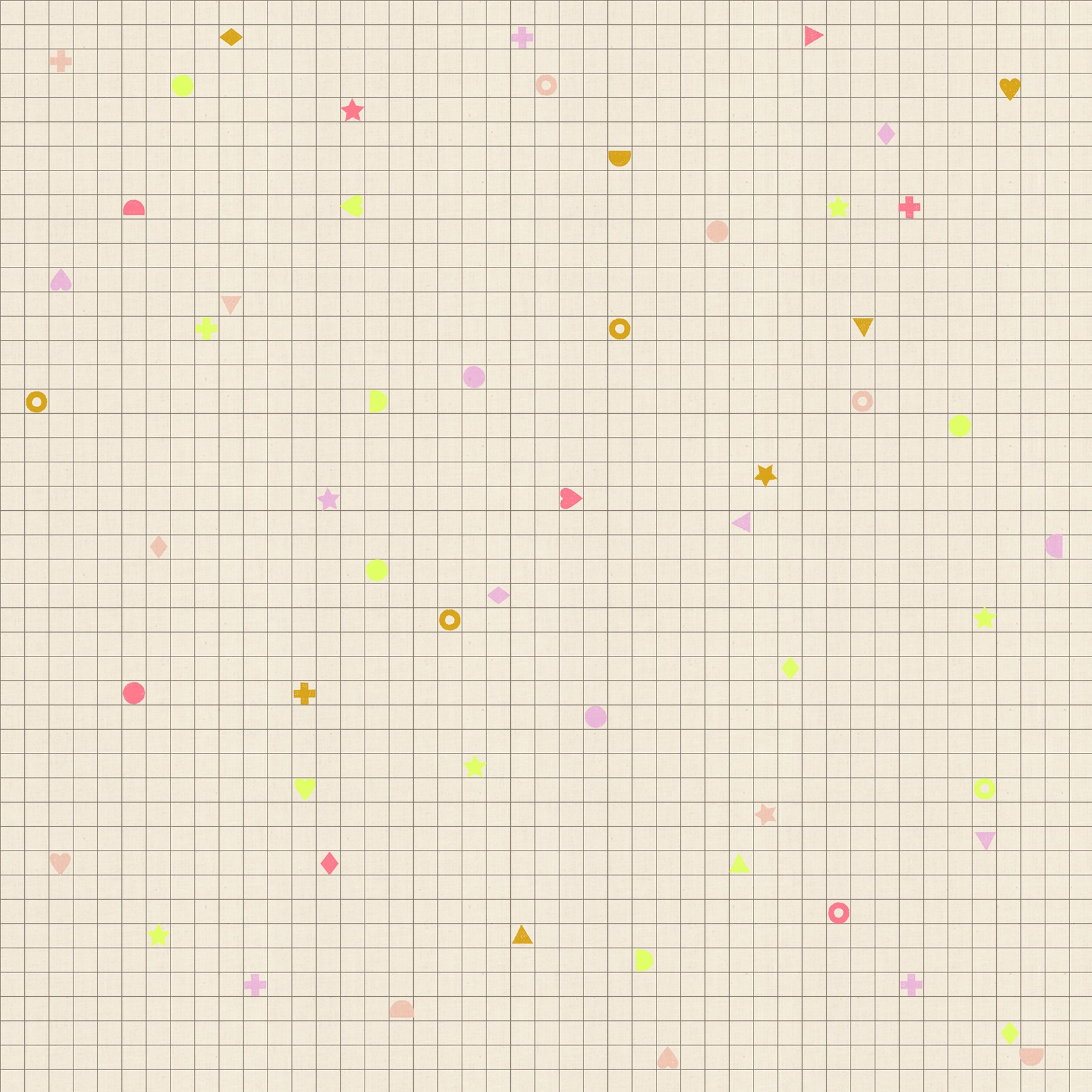 Colorful geometric shapes on a grid background