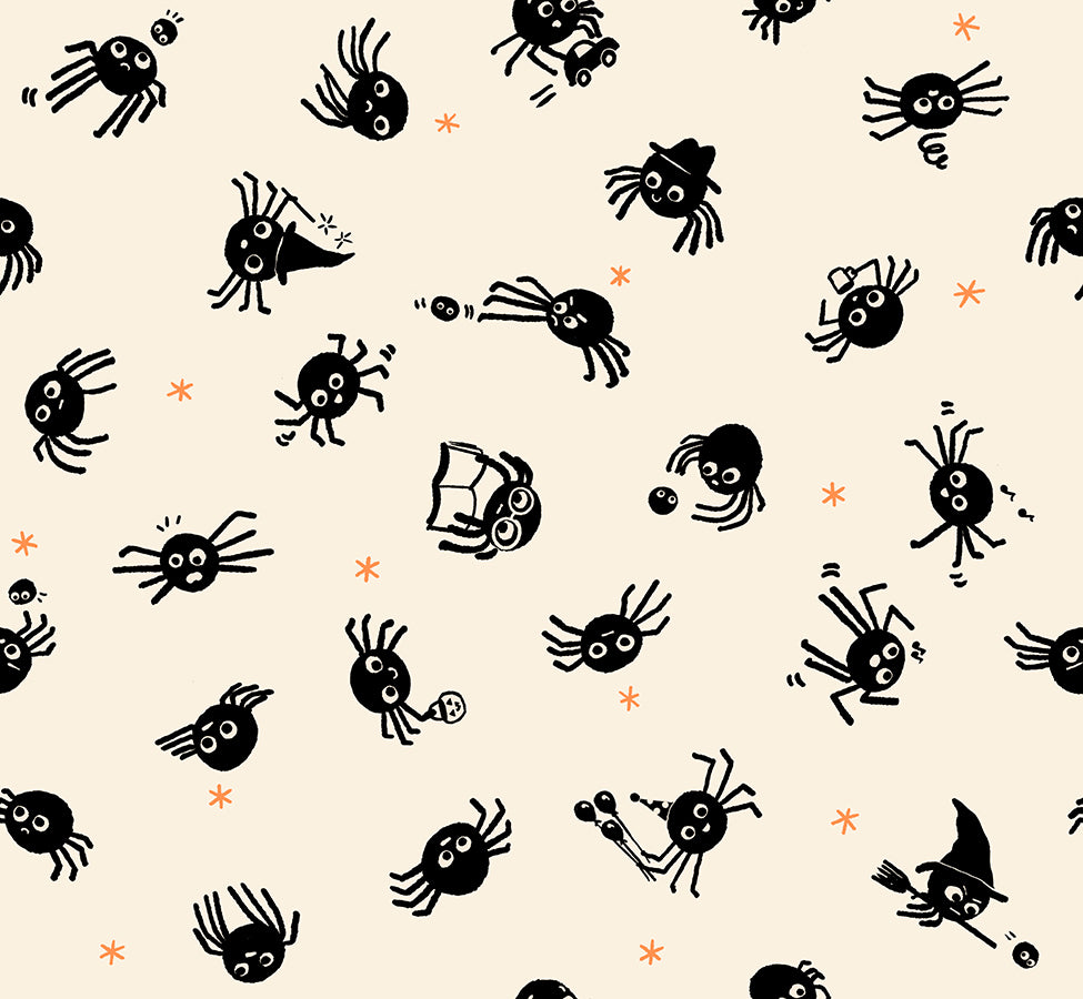 Pattern of black spiders and other Halloween-themed illustrations on a beige background