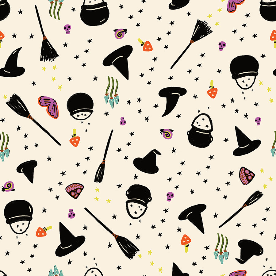 Halloween-themed pattern with witch hats, brooms, and candy on a beige background