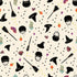 Halloween-themed pattern with witch hats, brooms, and candy on a beige background