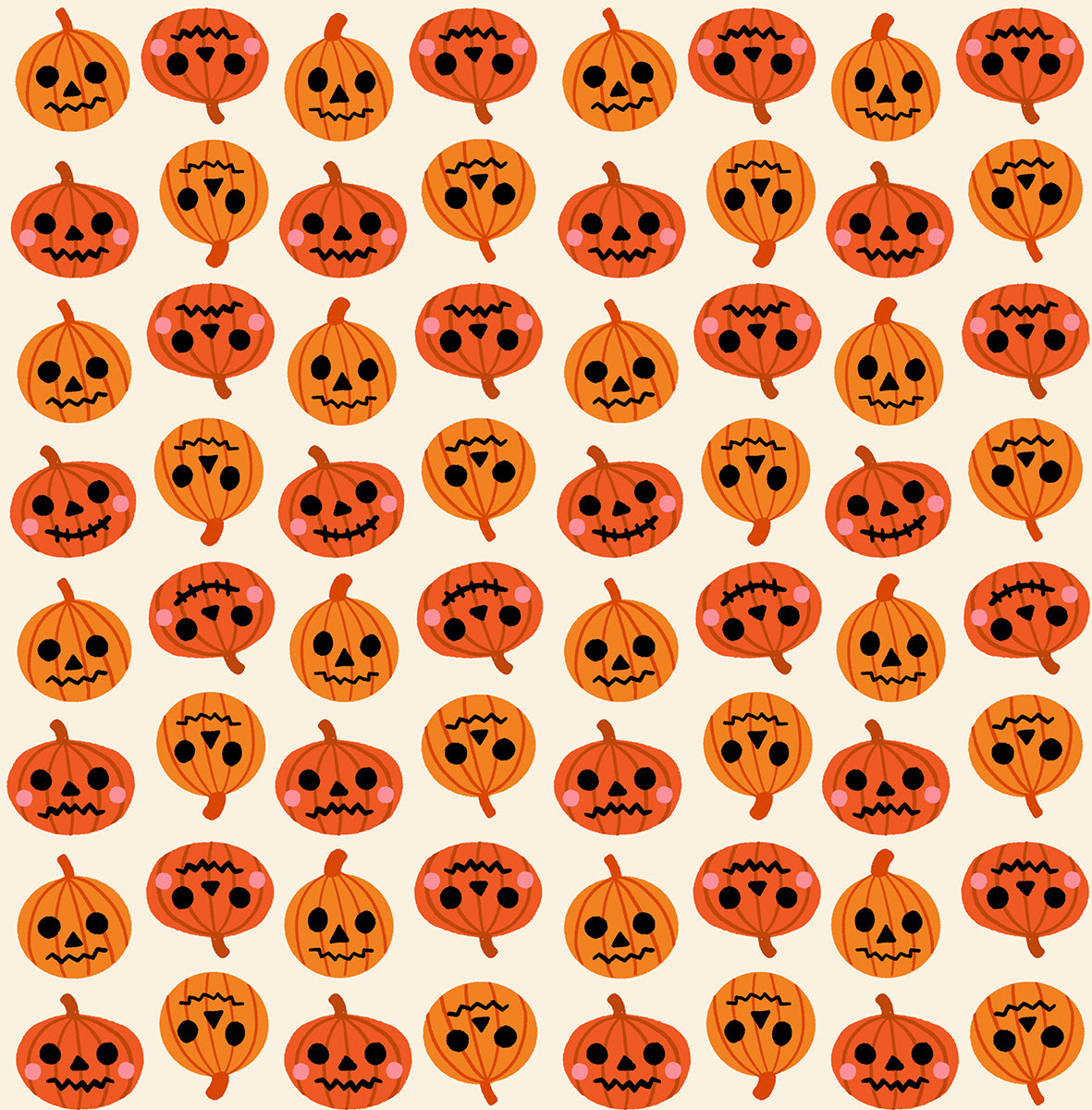 Pattern of Halloween pumpkins with various facial expressions on a beige background